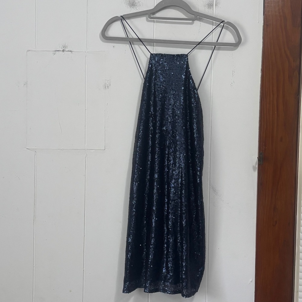 Club L London Navy Blue Sequin Mini Dress High Neck Strappy Back Size US 8 NEW